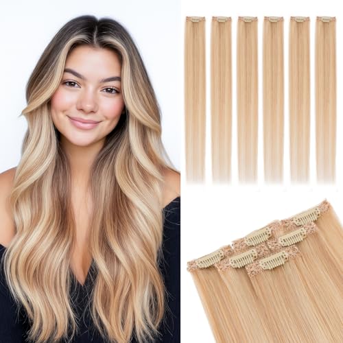 MY-LADY Clip in Extensions Echthaar 6 Stück, 45cm Haarverlängerung Natürlich, Single Clip Hair Extension Highlights für Frauen Damen Glatt Ascheblond/blond(#18P613, 44g) von MY-LADY