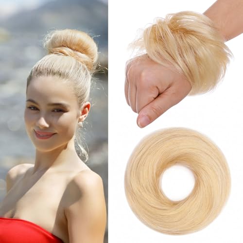 MY-LADY Haarteil Mit Gummiband Dutt Haarteil Haargummi Mit Haaren 100% Echthaar, Hochsteckfrisuren Haarverlängerung für Damen Mädchen (#60 Platinblond,17g) von MY-LADY