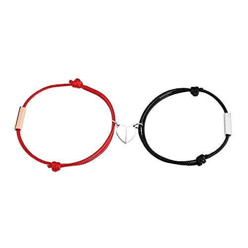 2er Set Magnetische Paar Armbänder Schnur | Partnerarmbänder mit Gravur Name Buchstabe | Armband Verbunde Paare Herz Magnet Anziehung Edelstahl Freundschaftsarmband Geschenk für Freundin Schwarz Rot von MY LUXERY