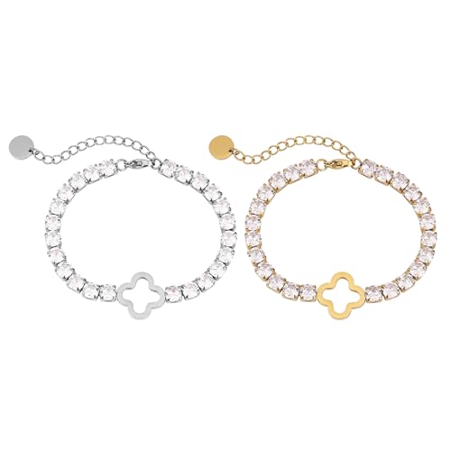MY LUXERY Damen Armband Edelstahl mit Kristallen & Kleeblatt | Verstellbar 16–20 cm | Funkelndes Strass-Armband in Gold & Silber | Geschenk für Frauen – Weihnachten, Geburtstag, Valentinstag von MY LUXERY