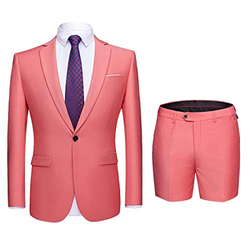 MY'S Herren 2-teiliges Slim Fit Anzug, Ein-Knopf-Blazer und kurze Hose Set mit Krawatte - Pink - XL von MY'S