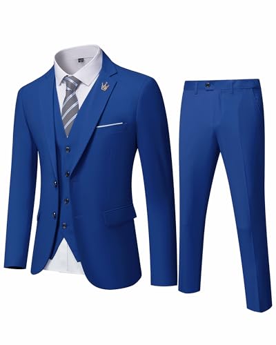 MY'S Herren 3 Stück Slim Fit Anzug Set 2 Knopf Blazer Jacke Weste Hose mit Krawatte Solid Hochzeitskleid Tux und Hose, Saphir, L von MY'S