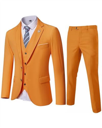 MY'S Herren 3-teiliges Slim-Fit-Anzug-Set, 2-Knopf-Blazer-Jacke, Weste, Hose mit Krawatte, solides Hochzeitskleid, Smoking und Hose, Orange/Abendrot im Zickzackmuster (Sunset Chevron), XL von MY'S