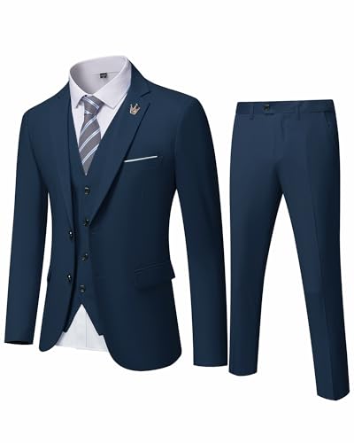 MY'S Herren 3-teiliges Slim-Fit-Anzug-Set, 2-Knopf-Blazer-Jacke, Weste, Hose mit Krawatte, solides Hochzeitskleid, Smoking und Hose, Tiefes Blau, XX-Large von MY'S
