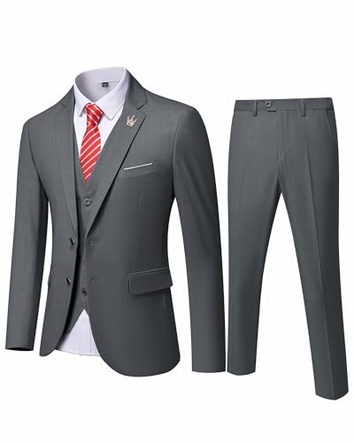 MY'S Herren 3-teiliges Slim-Fit-Anzug-Set, 2-Knopf-Blazer-Jacke, Weste, Hose mit Krawatte, solides Hochzeitskleid, Smoking und Hose, Tiefes grau, L von MY'S