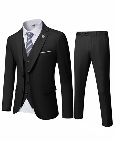 MY'S Herren 3-teiliges Slim-Fit-Anzug-Set, 2-Knopf-Blazer-Jacke, Weste, Hose mit Krawatte, solides Hochzeitskleid, Smoking und Hose, Schwarz, Large von MY'S