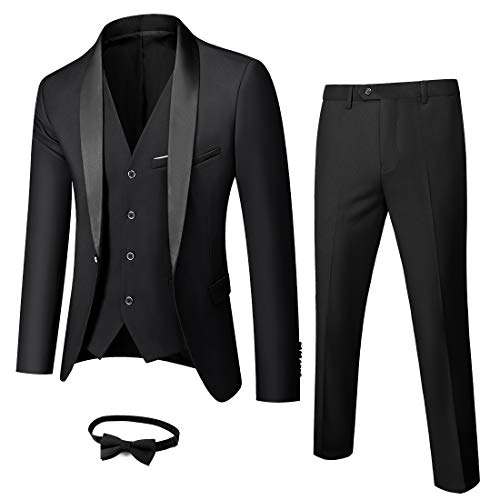 MY'S Herren 3-teiliger Anzug Schal Revers Ein-Knopf Smoking Winter Stoff Slim Fit Premium Abendessen Jacke Weste Hose & Krawatte Set, Schwarz, L von MY'S