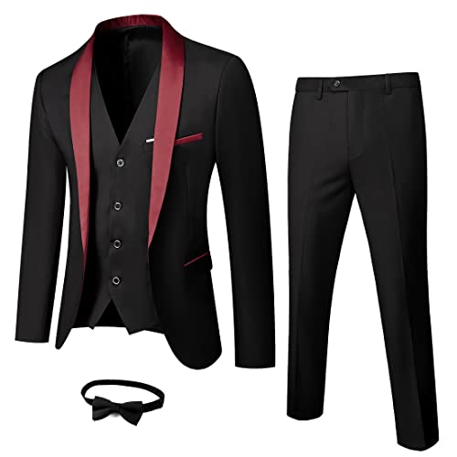 MY'S Herren 3-teiliger Anzug Schal Revers Ein-Knopf Smoking Winter Stoff Slim Fit Premium Abendessen Jacke Weste Hose & Krawatte Set, rot/black, M von MY'S