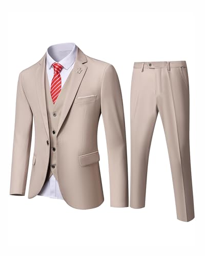 MY'S Herren 3-teiliges Slim-Fit-Anzug, Ein-Knopf-Jacke, Blazer, Weste, Hose, Set und Krawatte, Beige, S von MY'S