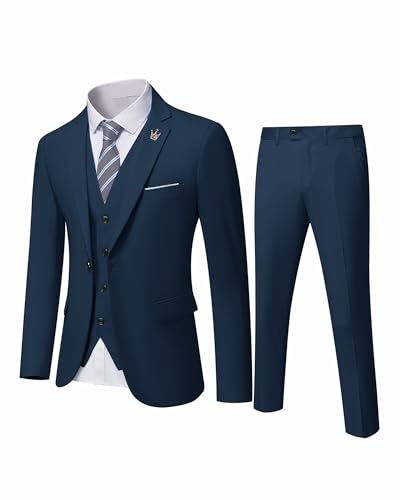 MY'S Herren 3-teiliges Slim-Fit-Anzug, Ein-Knopf-Jacke, Blazer, Weste, Hose, Set und Krawatte, Tiefes Blau, XX-Large von MY'S