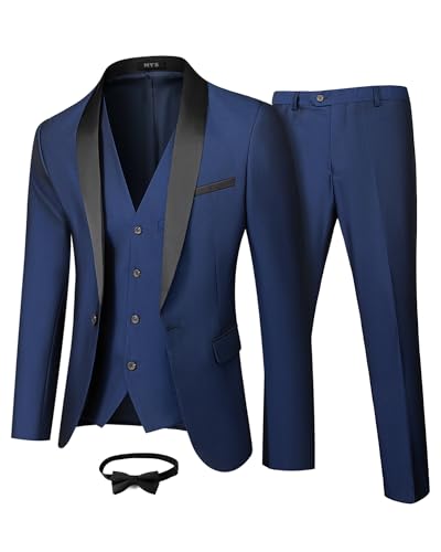 MY'S Mens 3-Piece Suit Shawl Lapel One Button Tuxedo Winter Fabric Slim Fit Premium Dinner Jacket Vest Pants & Tie Set Deep Blue von MY'S