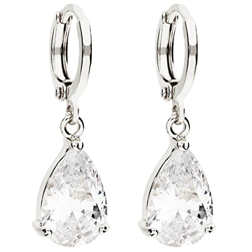 MYA art Damen Creolen Ohrringe Hängend Ohrhänger mit Tropfen Anhänger Zirkonia Strass Stein Silber Weiß Vergoldet MYAWGOHR-69 von MYA Art