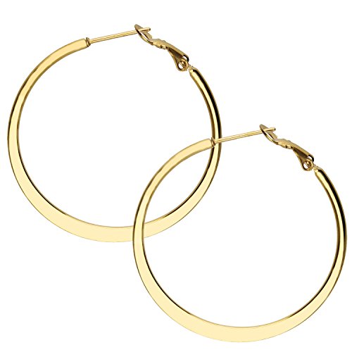 MYA art Damen Creolen Runde Ringe hängend mit Stecker Edelstahl Gold Gelbgold Vergoldet Große Ohrringe Rund Groß Flach 3cm MYAGOOHR-43-30mm von MYA Art