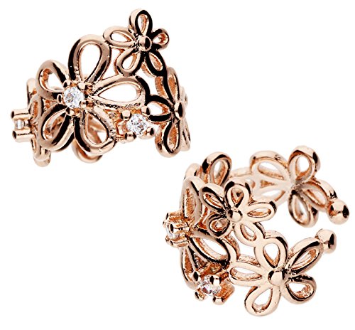 MYA art Damen Fake Piercing aus 925 Silber Rosegold Vergoldet mit Zirkonia Blume Ohrklemme Ear Cuff Ohrringe Creolen 2 Set Rose Gold MYASIOHR-23 von MYA Art
