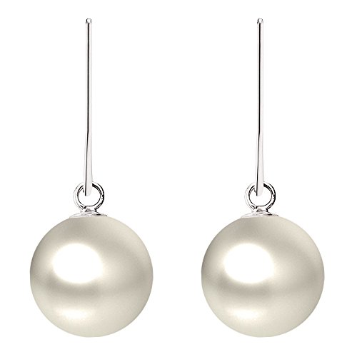 MYA art Damen Ohrringe 925 Silber rhodiniert mit runden Perlen Anhänger Ohrhänger Perleohrringe Hängend Perle Tropfen Creme Weiß Rund 10mm von MYA Art