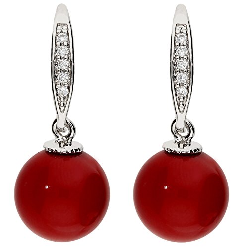 MYA art Damen Perlenohrringe Hängend Ohrhänger Ohrringe mit Perlen Zirkonia Strass Steinen Silber Perle Rot 10mm MYAWGOHR-66 von MYA Art