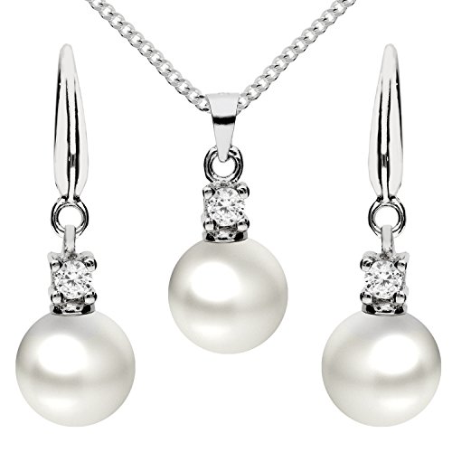 MYA art Damen Schmuckset 925 Silber Zirkonia mit Perlen Anhänger Halskette Perlenohrringe Perlenkette Kette Ohrringe Hängend Set MYASIKET-79 von MYA Art