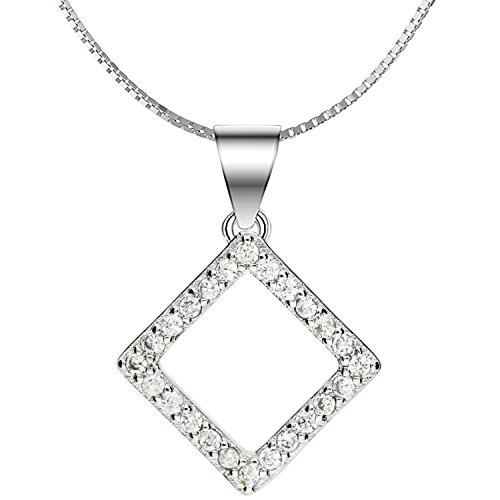 MYA art Premium Damen Halskette Kette 925 Sterling Silber Quadrat Offen Anhänger mit Zirkonia Strass Steinen Minimalistisch Geometrisch 45cm MYASIKET-95 von MYA Art