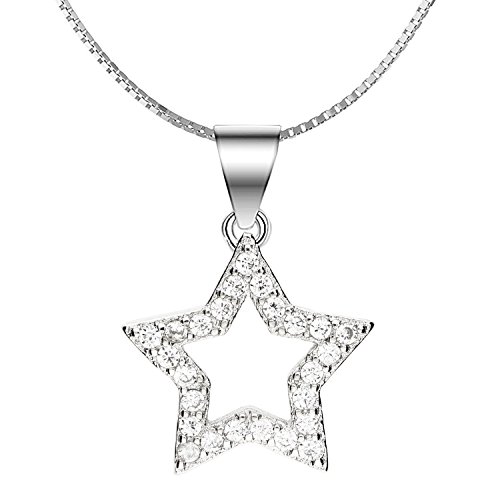 MYA art Premium Damen Halskette Kette 925 Sterling Silber Stern-Anhänger Offen mit Zirkonia Strass Steinen Minimalistisch Geometrisch 45cm MYASIKET-97 von MYA Art
