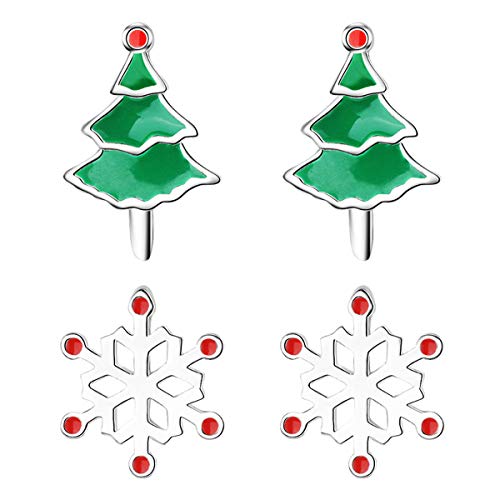 MYA art Damen Ohrstecker mit Weihnachtsbaum Christbaumkugel Schneeflocke Snowflake Ohrringe Klein Weihnachts Silber Weiß Grün Rot 2er Set von MYA Art