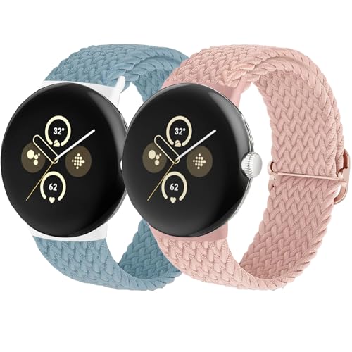 MYAPULUA Geflochtenes dehnbares Armband für Pixel Watch 2, elastisches Nylongewebe, Sportschlaufen-Armband für Google Pixel, für Herren und Damen, 2 Stück, Hellblau/Rosa, Klassisch von MYAPULUA