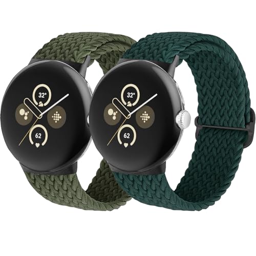 MYAPULUA Geflochtenes dehnbares Armband für Pixel Watch 2, elastisches Nylongewebe, Sportschlaufen-Armband für Google Pixel, für Herren und Damen, 2 Stück, Inverness Grün/Olivgrün, Klassisch von MYAPULUA