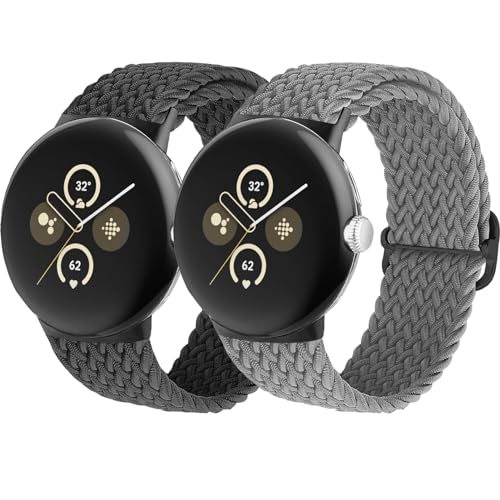 MYAPULUA Geflochtenes dehnbares Armband für Pixel Watch 2, elastisches Nylongewebe, Sportschlaufen-Armband für Google Pixel, für Herren und Damen, 2 Stück, Schwarz/Space Grey, Klassisch von MYAPULUA