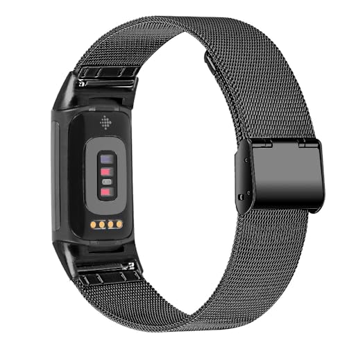 Armband Kompatibel mit Fitbit Charge 5 / Charge 6 Uhrenarmbänder,Verstellbares Edelstahl Metall Uhrenarmband,Ersatz Metallarmband für Damen und Herren (Schwarz) von MYAYD