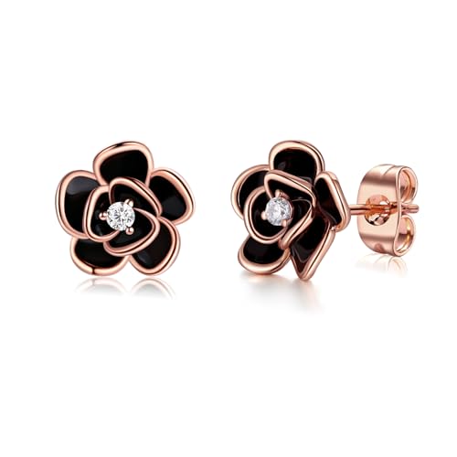 MYBELLNA 14K Gold zierliche Blume Ohrringe Schwarze Rose Gold Blume Perle Ohrstecker für Frauen Sterling Silber Post Hypoallergene Ohrringe für Frauen Mama Sie von MYBELLNA