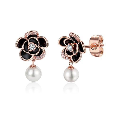 MYBELLNA 14K Gold zierliche Blume Ohrringe Schwarze Rose Gold Blume Perle Ohrstecker für Frauen Sterling Silber Post Hypoallergene Ohrringe für Frauen Mama Sie von MYBELLNA