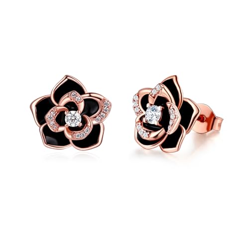 MYBELLNA 14K Gold zierliche Blume Ohrringe Schwarze Rose Gold Blume Perle Ohrstecker für Frauen Sterling Silber Post Hypoallergene Ohrringe für Frauen Mama Sie von MYBELLNA