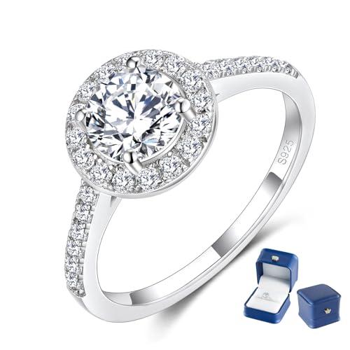 MYBELLNA 1CT Moissanite Ring für Frauen, D-Farbe VVS1 Klarheit Halo Brilliant Round Cut Lab Diamant Ring 925 Sterling Silber mit 18K Weißgold überzogene Versprechen Ringe für Frauen Verlobung Hochzeit von MYBELLNA