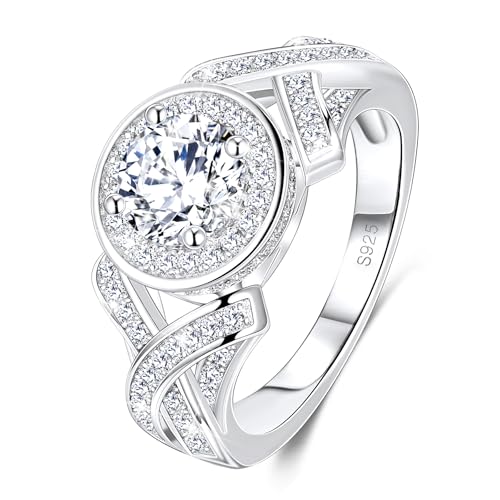MYBELLNA 1CT Moissanite Ring für Frauen, D-Farbe VVS1 Klarheit Halo Brilliant Runde Schnitt Lab Diamant 925 Sterling Silber 18K Weißgold plated Versprechungsringe für Verlobung 1 (Ring-2, 60（18.9）) von MYBELLNA