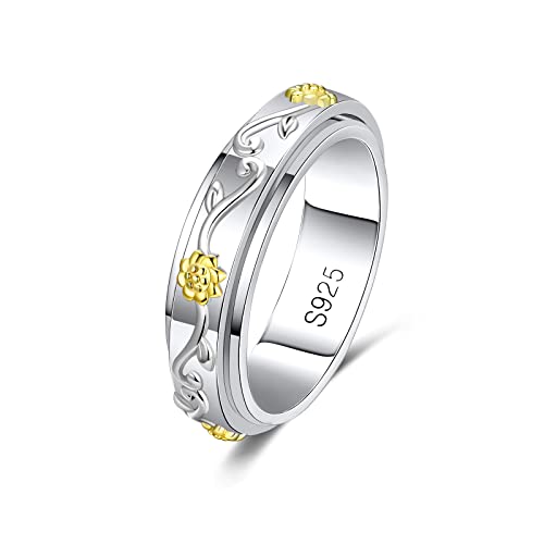 MYBELLNA Fidget Ring für Angst für Frauen 925 Sterling Silber Entlasten Spinner Ringe Ewige Liebe Band Ring ADHD Autismus Stress Entlastung für Frauen Mom Männer (57（18.1）, Sunflower-1) von MYBELLNA