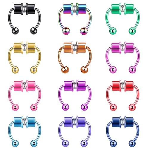 MYBELLNA gefälschte Nasenringe, gefälschte Septum Nasenringe Hufeisen Edelstahl magnetische Nasenringe für Frauen Bunte, gefälschte Nasenringe Septum Ringe Clip auf Nase Reifen Ringe Schmuck 12pcs von MYBELLNA