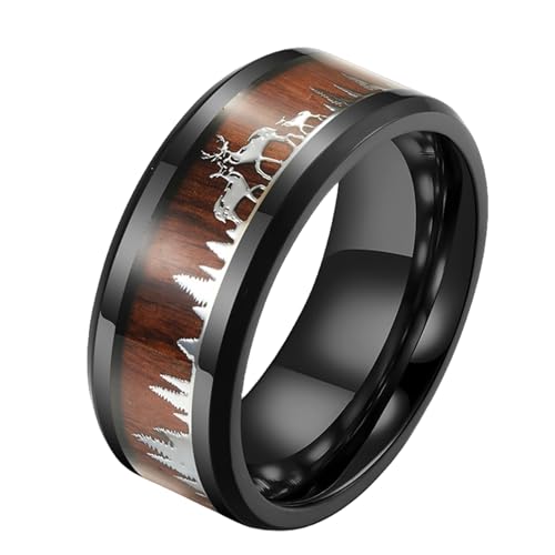MYBaoDan Ringe für Damen Forest Deer Titanium Stahl Herren- Und Damenringe Holz Getreide Eingelegtes Ehering Geschenk-10#-Silber von MYBaoDan