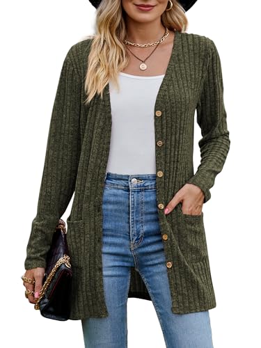 MYCOLORBLUE Alte Zeiten Strickjacken für Damen Elegant Cardigan Gerippt Langarm Knopfleiste mit Taschen Strickcardigan Armeegrün L von MYCOLORBLUE