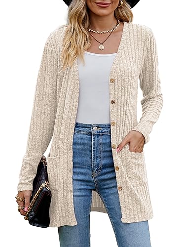 MYCOLORBLUE Alte Zeiten Strickjacken für Damen Elegant Cardigan Gerippt Langarm Knopfleiste mit Taschen Strickcardigan Beige S von MYCOLORBLUE