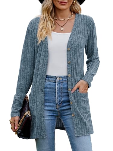 MYCOLORBLUE Alte Zeiten Strickjacken für Damen Elegant Cardigan Gerippt Langarm Knopfleiste mit Taschen Strickcardigan Blau XL von MYCOLORBLUE