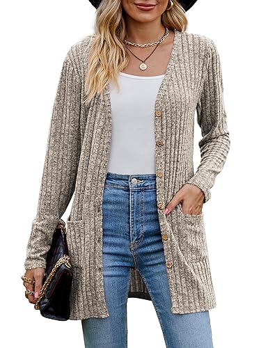 MYCOLORBLUE Alte Zeiten Strickjacken für Damen Elegant Cardigan Gerippt Langarm Knopfleiste mit Taschen Strickcardigan Khaki M von MYCOLORBLUE