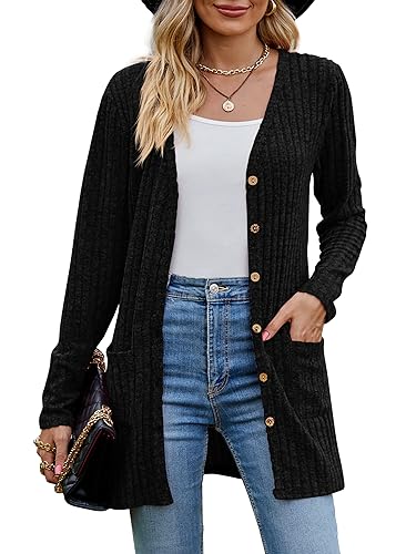 MYCOLORBLUE Alte Zeiten Strickjacken für Damen Elegant Cardigan Gerippt Langarm Knopfleiste mit Taschen Strickcardigan Schwarz M von MYCOLORBLUE