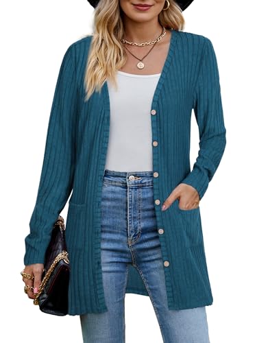 MYCOLORBLUE Alte Zeiten Strickjacken für Damen Elegant Gerippt Cardigan Langarm Knopfleiste mit Taschen Strickcardigan Pfau Blau XL von MYCOLORBLUE
