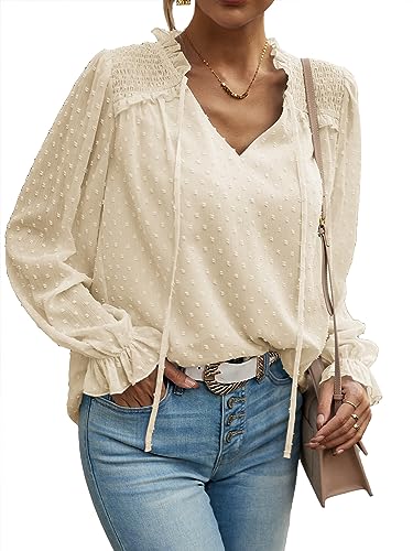 MYCOLORBLUE Blusen Tuniken für Damen Elegant Chiffon V-Ausschnitt Swiss Dot Puffärmel Doppellagig Dating Party Bluse Oberteile Aprikose L von MYCOLORBLUE