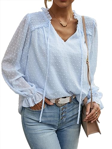 MYCOLORBLUE Blusen Tuniken für Damen Elegant Chiffon V-Ausschnitt Swiss Dot Puffärmel Doppellagig Dating Party Bluse Oberteile Blau L von MYCOLORBLUE