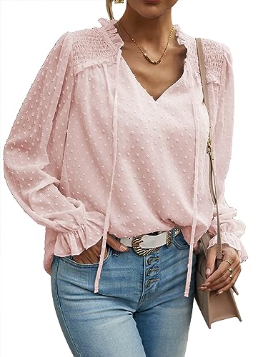 MYCOLORBLUE Blusen Tuniken für Damen Elegant Chiffon V-Ausschnitt Swiss Dot Puffärmel Doppellagig Dating Party Bluse Oberteile Rosa L von MYCOLORBLUE