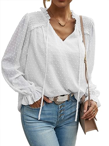 MYCOLORBLUE Blusen Tuniken für Damen Elegant Chiffon V-Ausschnitt Swiss Dot Puffärmel Doppellagig Dating Party Bluse Oberteile Weiß L von MYCOLORBLUE