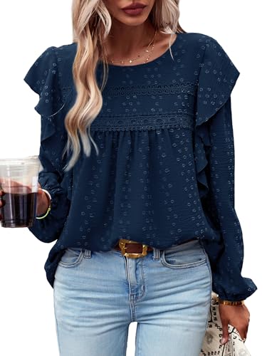MYCOLORBLUE Blusen Tuniken für Damen Elegant Rüschenärmel Swiss Dot Spitzenbesatz Vorne Falten Streetwear Rundhals Bluse Navy Blau XL von MYCOLORBLUE