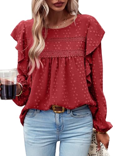 MYCOLORBLUE Blusen Tuniken für Damen Elegant Rüschenärmel Swiss Dot Spitzenbesatz Vorne Falten Streetwear Rundhals Bluse Rot S von MYCOLORBLUE