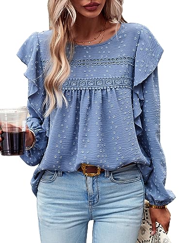 MYCOLORBLUE Blusen Tuniken für Damen Elegant Rüschenärmel Swiss Dot Spitzenbesatz Vorne Falten Streetwear Rundhals Hemdbluse Blau S von MYCOLORBLUE