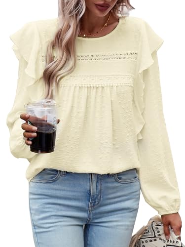 MYCOLORBLUE Blusen Tuniken für Damen Elegant Rüschenärmel Swiss Dot Spitzenbesatz Vorne Falten Streetwear Rundhals Hemdbluse Hellgelb S von MYCOLORBLUE
